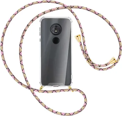 Produktbild von Handykette Backcover-Schutzhülle mit Band (Metall goldfarben) für Motorola Moto E5 / G6 Play - rosa Karo