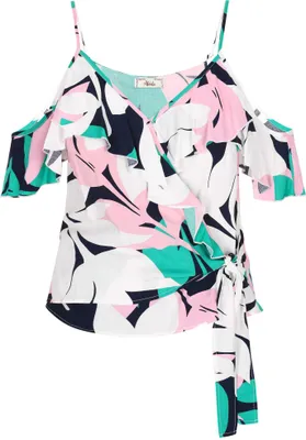 Produktbild von Damen Mini-Wickelkleid rosa, florales Muster, V-Ausschnitt, Off-Shoulder, Gr. S