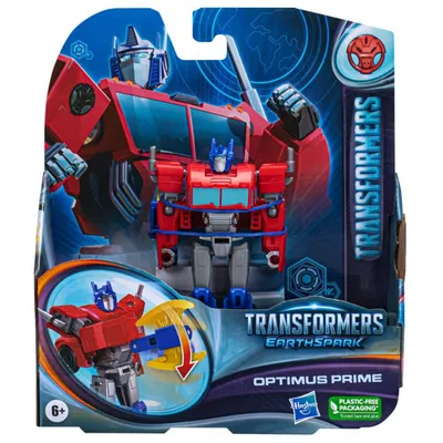 A Transformers Earthspark Optimus Prime toy in its packaging.