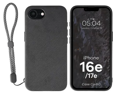 Produktbild von Hülle mit Handgelenkband für iPhone 17e / 16e, Bizon Case CarbO, Schwarz