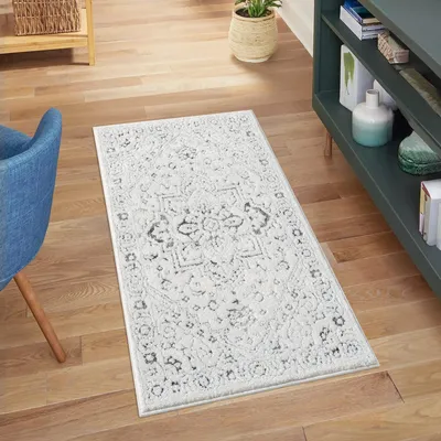 Produktbild von Kurzflor Teppich Grau, Creme - 80x150 cm - Wohnzimmer-Teppiche 3D-Effekt - Ornamente