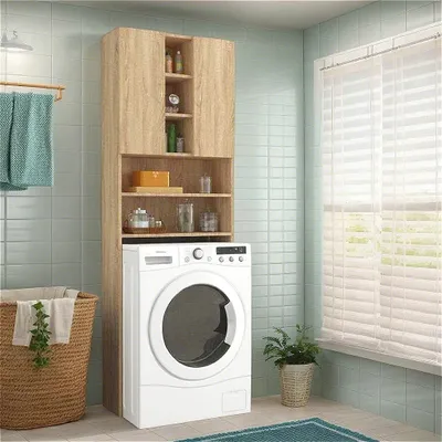 Immagine prodotto di Armadio per lavatrice - Mobile per lavatrice - Contenitore per lavatrice - Armadio contenitore - Mobile da bagno - Impiallacciatura in rovere Sonoma