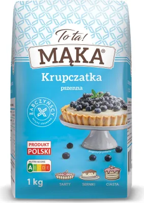A bag of flour with an image of a blueberry tart and illustrations of baked goods.