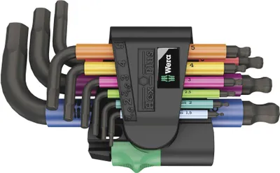A set of Wera Hex-Plus L-keys with colored handles and a holder, arranged diagonally.