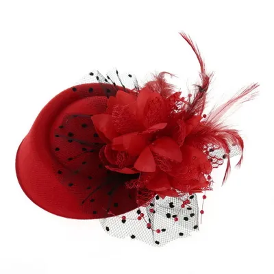 Produktbild von Exquisiter süßer Fascinator-Hut mit Haarspange, dekorativer Anti-Fall-Kunstfeder-Blumennetz-Schleierhut, Haar-Accessoires, Rot