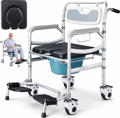 Produktbild von Multifunktionaler 5-in-1-WC-Sitz, fahrbares WC, Linomag®, abnehmbarer Aufsatz, Duschsitz, für Senioren oder Personen mit eingeschränkter Mobilität, wasserdicht, hellgrau/schwarz
