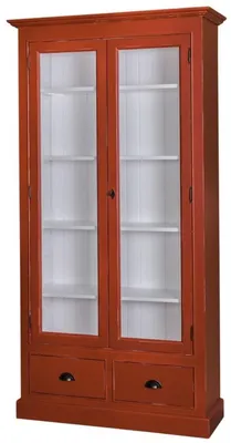 Immagine prodotto di Casa Padrino vetrina da soggiorno in stile country rosso antico / bianco 109 x 39 x h. 210 cm - mobile da soggiorno con 2 ante in vetro e 2 cassetti