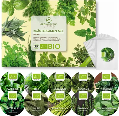 A collage of images showcasing a set of herb seeds, with the main product packaging in the center and individual herb seed packets arranged in circles at the bottom.
