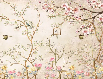 Produktbild von Sanders & Sanders Fototapete Blumen und Vögel Beige 350 x 270 cm