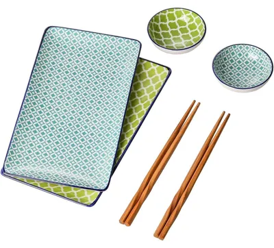 Produktbild von Sushi Set Porzellan 6-teilig für 2 Personen Rechteckige Teller Soßenschälchen Essstäbchen
