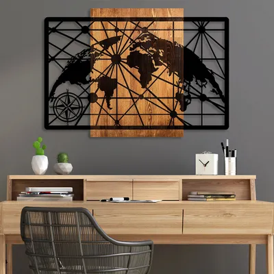 Image de Wallity, World Map 5-L, Accessoire mural décoratif en bois, 100 % BOIS / MÉTAL, noyer, 70 x 99 cm