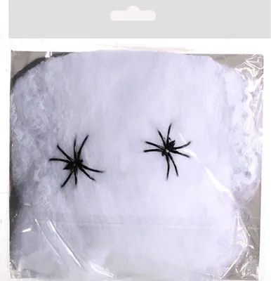 Produktbild von Spinnennetz weiß mit 2 schwarzen Spinnen Polyester Halloween 20gr