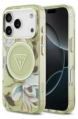 Zdjęcie produktu dla Etui Guess IML Glitter Flowers MagSafe do iPhone 17 Pro Max zielony