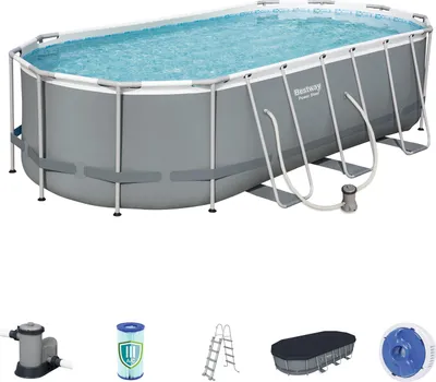 An oval above-ground swimming pool with accessories displayed below.