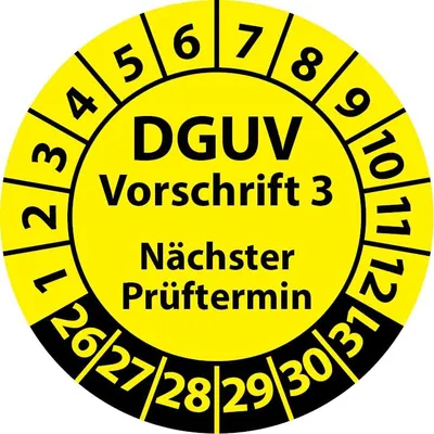 Prüfplakette DGUV V3, selbstklebend, 30 mm Ø, gelb, 100 Stück