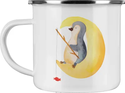 Produktbild von Mr. & Mrs. Panda Teetasse Pinguin Mond - Weiß - Geschenk, Erschöpft, Haferl, Motivtasse, Schlafzimmer, Angel, Pott, Emaille Tasse, Teebecher, Spruch