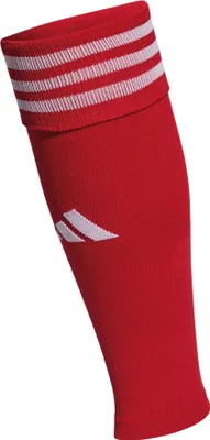 A red Adidas soccer sock with white stripes and logo.