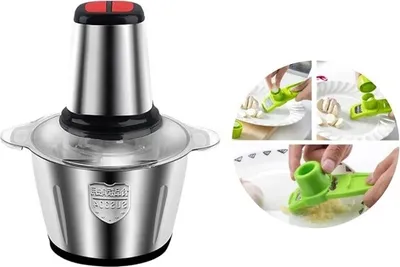 Image de pack de 2 trancheurs à viande et à légumes tout-en-un 300W avec bol en inox de 2L + râpe à ail et gingembre - MULTIMINI