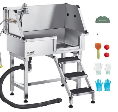 Immagine prodotto di VEVOR stazione di lavaggio per cani in acciaio inox, vasca per toelettatura per animali domestici da 870x488x1025 mm con ripiano, rubinetto, soffione e portasapone, bagno per cani, per animali di taglia media e piccola (porta destra)