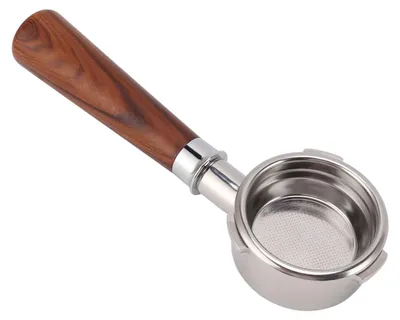 Produktbild von Portafilter 58mm - Bodenlos - Edelstahl Kaffeefilterhalter - Holzgriff - Geeignet für Kaffeemaschinen mit 3 Ohren - Stilvolles Design