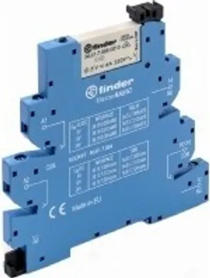 A blue electronic relay module is shown against a white background.