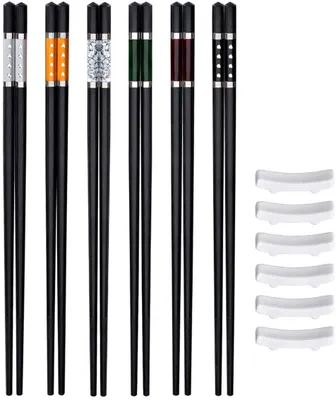 Produktbild von Glasfaser-Essstäbchen, 6 Paar Spülmaschinenfest Essstäbchen Asiatisches Besteck 243mm mit 4 Keramik-Essstäbchen-Auflagen