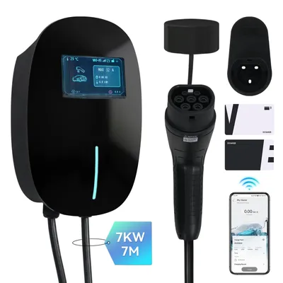 Produktbild von Puluomis Wallbox Ladestation 7kW Ladekabel 7m Typ 2 mit Halter, EV Ladegerät 1-phasig 6-32A einstellbar, IP65 mit Wlan & Bluetooth 24h Timer schwarz