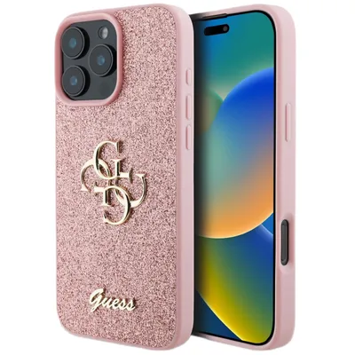 A pink glitter phone case with a gold Guess logo and the word 'Guess' is shown next to an iPhone.