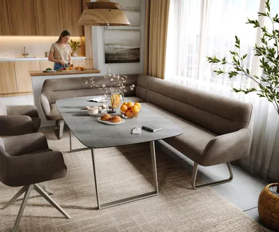 Produktbild von DELIFE Esszimmerbank Taya-Flex 285x190 cm Mikrofaser Taupe Vintage Kufengestell flach Effektfinish Titan Taschenfederkern Rechts