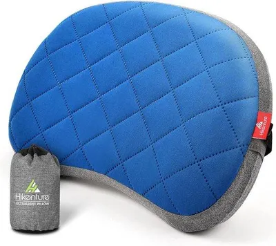 Imagen del producto de Almohada inflable para camping Unyqoos® con funda desmontable, ligera y compacta, ideal para viajes, color azul, ajustable mediante válvula, diseño ergonómico