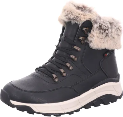 A single black winter boot with fur trim is shown against a white background.