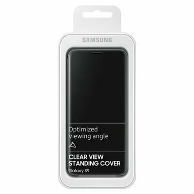 A Samsung Galaxy S9 Clear View Standing Cover in its retail packaging.
