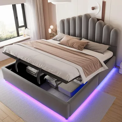Productafbeelding van MODFU Fluweel gestoffeerd bed met matras, tweepersoonsbed 180x200 met LED-verlichting, eenpersoonsbed met bedlade en gestoffeerd hoofdeinde, multifunctioneel bed met veel opbergruimte, beige