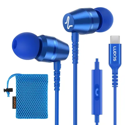 Produktbild von OMNITONE USB C Kopfhörer USB Typ C Ohrhörer mit Mikrofon In-Ear mit Kabel Blau USB-C