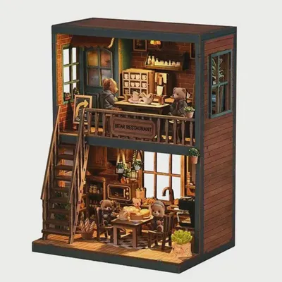 Obrázek produktu pro Habarri | DIY Book Nook - Kavárna s medvídkem - Puzzle 3D - Stavebnice miniaturního domečku s nábytkem a LED světlem - Stavebnice Book Nook