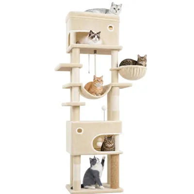 Produktbild von Kratzbaum, 203 cm Katzenbaum mit Großer Plattform, Beige | mit 2 Höhlen, 7 Kratzsäulen, Pompons, Liegemulden, Hängematte