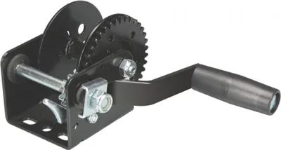 A black hand winch with a silver crank handle and mounting hardware, isolated on a white background.