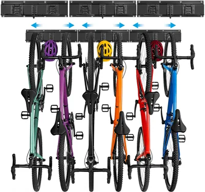Obrázok produktu pre Nastaviteľný vertikálny držiak na bicykle na stenu, určený pre 6 bicyklov a 3 prilby