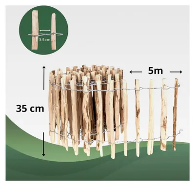 Produktbild von Staketenzaun 35 cm hoch und 5 m lang | Haselnusszaun | Rollzaun | Lattenabstand 3-5 cm | Gartenzaun Holz | Zaun für den Garten als Rasenkante oder Blumenbeetumrandung aus Haselnuss