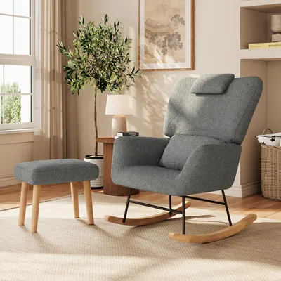 Zdjęcie produktu dla Fotel bujany ProximaX z podnóżkiem, szary, wykonany z miękkiego materiału przypominającego plusz, ergonomiczny fotel relaksacyjny