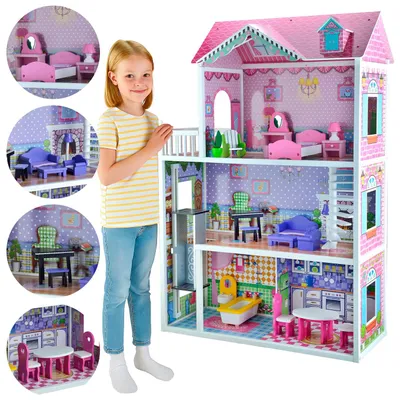 Produktbild von 4iQ Große Holzpuppenhaus JULIA 84x34x124 cm mit Zubehör und Aufzug
