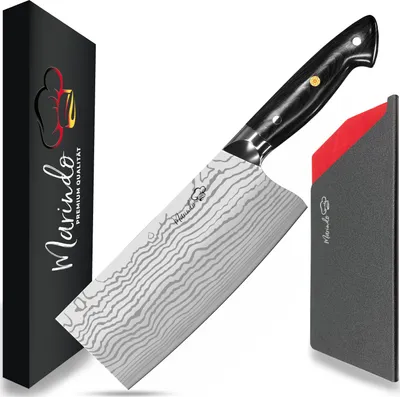 Produktbild von Marindo® Chinesisches Kochmesser Edelstahl | 18cm Klingenlänge | Küchenbeil mit dreifach genietetem Holzgriff | Hackmesser chinesisch | Fleischmesser extrem scharf | Inkl. Geschenkbox