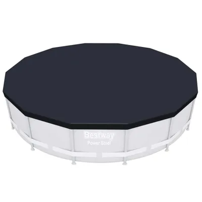 A round swimming pool with a dark cover.