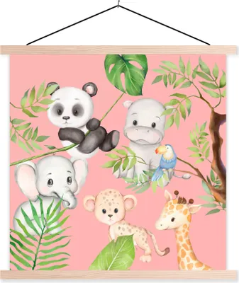 Produktbild von MuchoWow® Textilposter Dschungel - Rosa - Tiere 120x120 cm mit holzfarbenen Rahmen - Textil-Poster