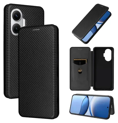 Collage of images showing a black carbon fiber texture phone case for Xiaomi Poco F7 5G.