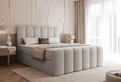Produktbild von GOLDSTOFF ETERNA Boxspringbett 180x200 cm mit Bettkasten Bonellfederkern & hohem Kopfteil Polsterbett mit Stauraum (Grau)