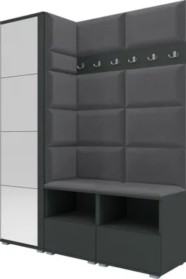 A modern hallway furniture set with a tall cabinet, upholstered wall panels, and a bench with storage.