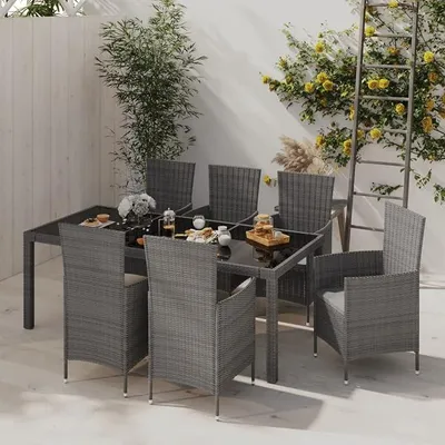 Produktbild von Rattan Essgruppe für 6 Personen Gartenmöbel Set, Garten Sitzgruppe in Grau und schwarz, Rattan Gartenmöbel Set Sitzgarnitur mit Auflagen, Gartengarnitur, Balkonmöbel Set Terrassenmöbel