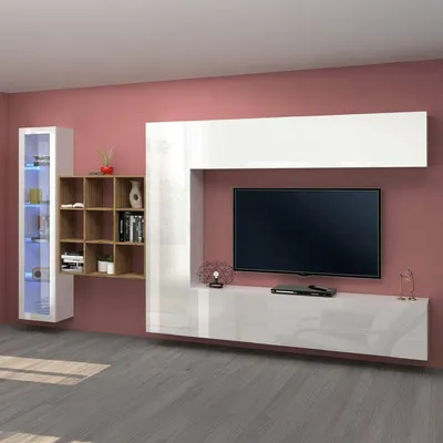 Immagine prodotto di Dmora Parete Attrezzata Avegno 30x310x180h cm Bianco Lucido, 23 Vani Apertura Battente e a Ribalta Italy