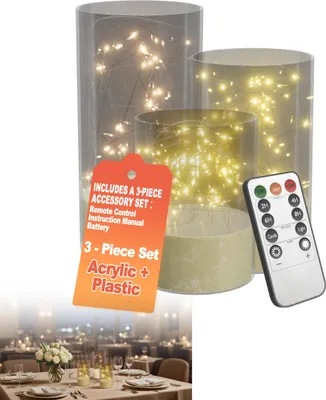 Obrázek produktu pro XMTECH LED svíčky Sada 3 ks - bezplamenné sloupkové svíčky Ø7,5 x 10/12,5/15cm s dálkovým ovládáním a časovačem - design se světelným drátem, napájení bateriemi, blikající, dekorativní pro vnitřní i venkovní použití - průhledné